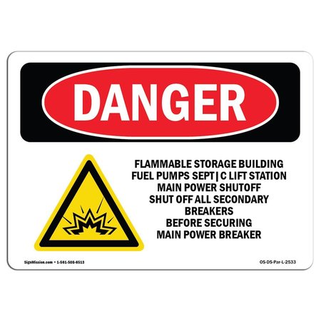 OSHA Danger Sign, 18 Height, 24 Width, Rigid Plastic, Flammable Storage Building Fuel, Landscape